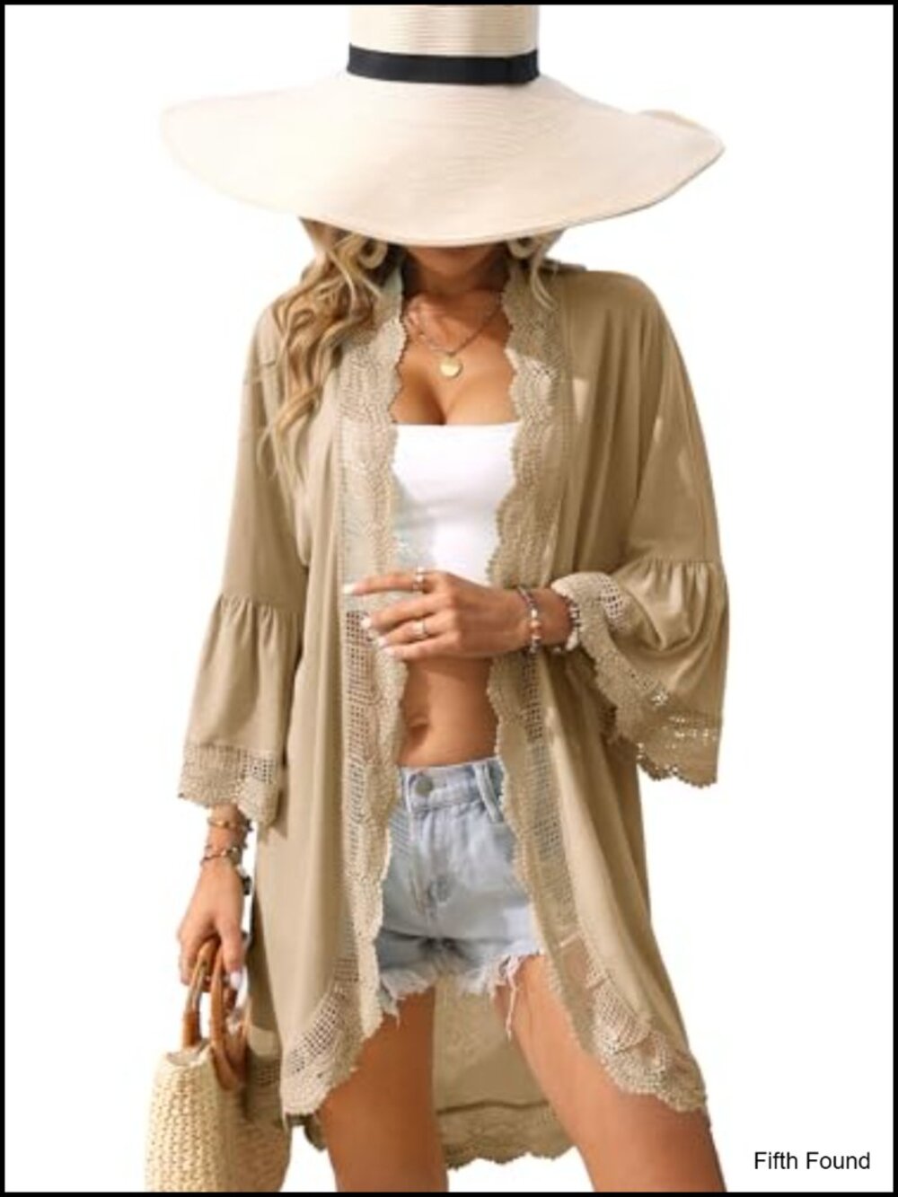 Women's Lightweight 3/4 Ruffle Sleeve Lace Open Front Kimono Cardigan